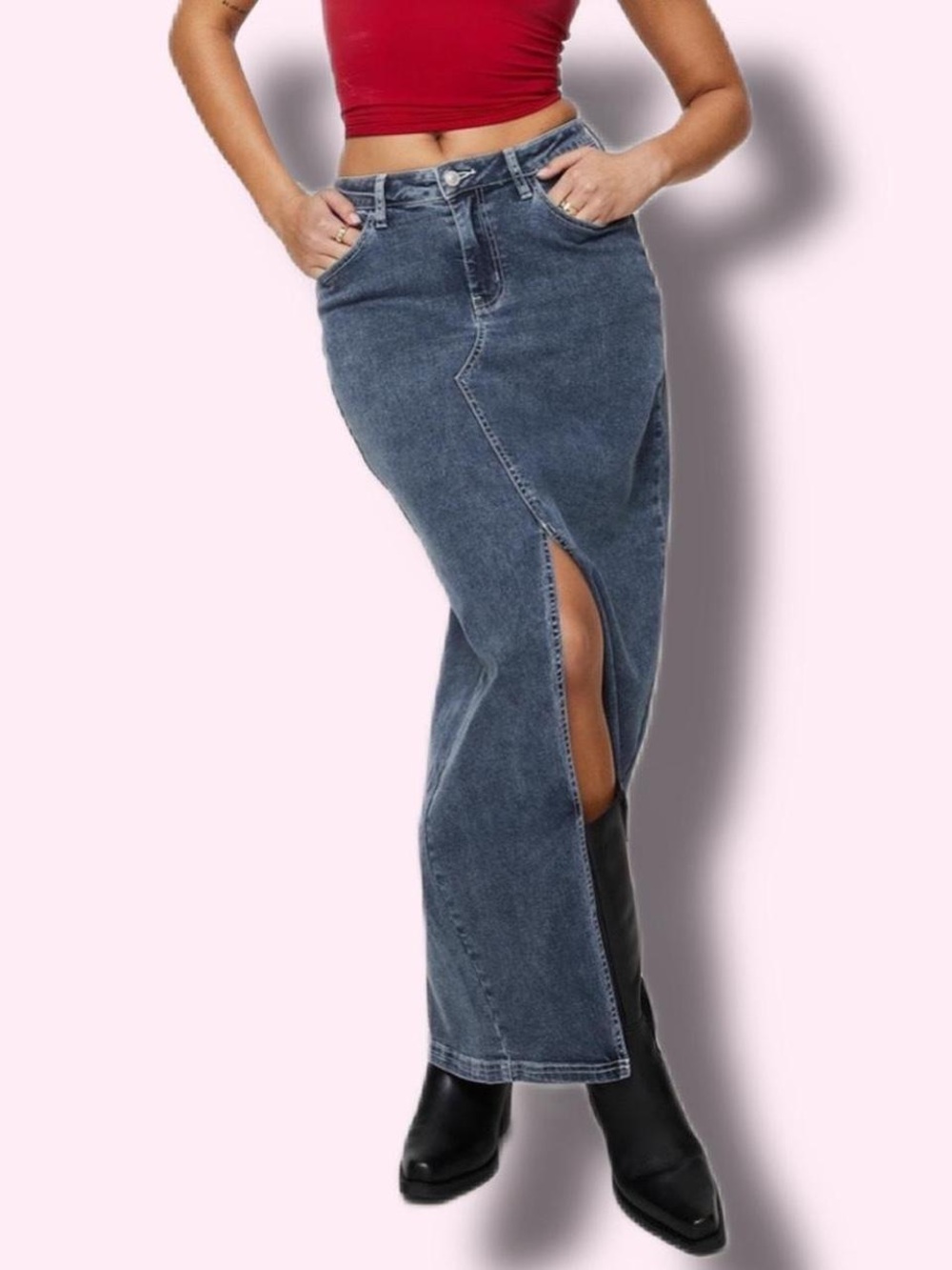 Princess Polly Denim High-Waisted Blue High-Slit Maxi Skirt Size 8